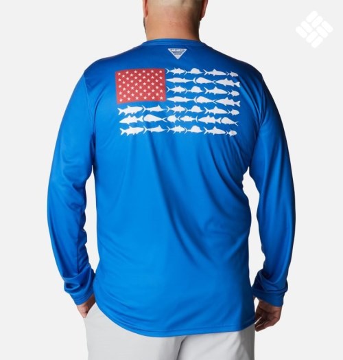 Men's Columbia PFG Terminal Tackle Fish Flag Long Sleeve Sweatshirts Blue | Plus Size CA-CC4A8